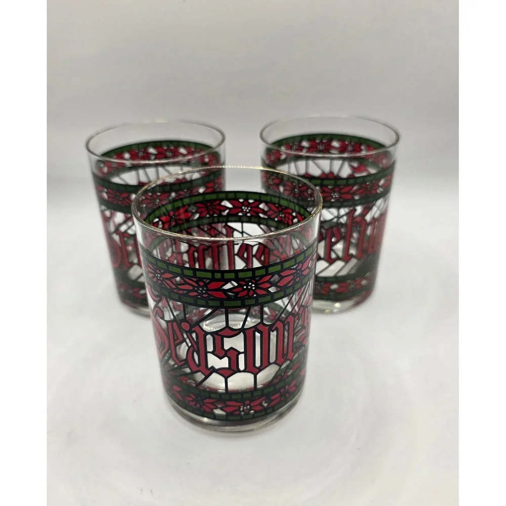 Vintage Houze Stained Glass Christmas Juice Glasses Set of 3 Gold Rim Poinsettia